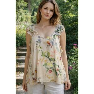 Lisa & Lucy Floral Bird Print Ruffle V-Neck Camisole Tank Top Cream Size M
